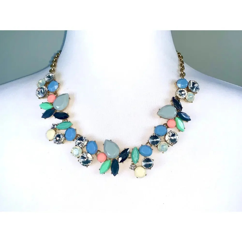 J. Crew Multicolor Pastel Crystal Cluster Party Statement Necklace EUC